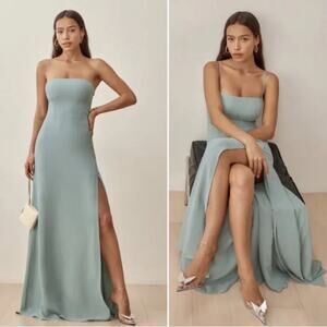 chinese dress ladies Reformation Cherise Linen Blue Short Puff Sleeve Maxi Dress  The Closet  New York